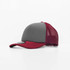 A cap with a grey front and maroon mesh back, featuring a logo on the front panel.