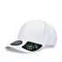 A white cap with a structured design and a logo on the side. It features a curved brim and a branded tag.
