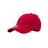 A red cap with an adjustable strap and a logo on the front.