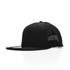 A black cap with a solid front and mesh back, featuring a flat brim and a logo.