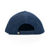 A navy blue cap with a mesh design and a logo on the back.