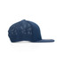 A navy blue cap with a structured front and mesh back, featuring a logo on the side.