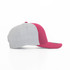 A cap featuring a grey and maroon design, showcasing a curved brim and an adjustable strap at the back.