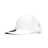 A white trucker cap with mesh sides and a curved brim, featuring a black logo on the front.