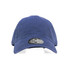 A navy cap featuring a curved brim and a logo on the front. The material appears textured and casual.