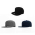 Three caps in black, grey, and navy blue, featuring a logo on each. The caps have a structured design with a flat brim.