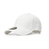 A white polyester stretch cap featuring a curved brim and a logo on the front.