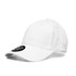 A white cap with a curved brim, featuring a logo on the front and vented eyelets.