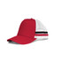 A red cap with a white mesh back and black stripes, featuring a logo on the front.