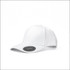 A white cap with a curved brim and a branding tag on the side.