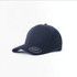 A black cap with a curved brim, featuring a logo, positioned at an angle on a white background.