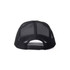 A black trucker cap featuring a mesh back and an adjustable snap closure. It has a logo on the side.