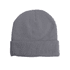 A warm knitted acrylic beanie in grey, featuring a cuffed design and a simple appearance. It has a logo at the back.