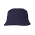 A navy cotton bucket hat with a wide brim and a subtle logo on the side.