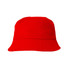 A red cotton bucket hat with a wide brim and minimal design, featuring a logo.