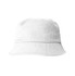 A white cotton bucket hat with a wide brim and a logo. Suitable for headwear collection.