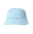 A light blue cotton bucket hat with a wide brim and a logo on the side.