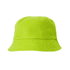 A bright lime green cotton bucket hat with a wide brim and a textured finish. It features a logo.