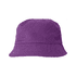 A purple cotton bucket hat featuring a wide brim and a simple design. It has a logo on it.