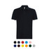 A black polo shirt with a collar, featuring a logo. Available in various colours below.