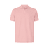 A pink polo shirt with a collar, featuring short sleeves and a logo on the chest.