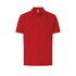 A red polo shirt with a collar, short sleeves, and a logo on the chest area.