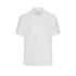 A white men's polo shirt featuring a collar and short sleeves, with a logo on the front.