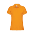 An orange women's polo shirt with a classic collar and short sleeves, featuring a label.
