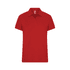 A red women's polo shirt featuring a classic collar and short sleeves, with a logo on the chest.