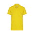 A bright yellow women's polo shirt featuring a collar and short sleeves, with a branding logo.