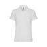 A white women's polo shirt with a classic collar and short sleeves, featuring a branding logo.