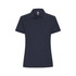 A navy women's polo shirt with a collar, short sleeves, and a logo on the chest.