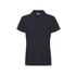 A women's polo shirt in dark navy with a buttoned front and a logo on the chest.