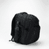 A black backpack featuring multiple compartments and a side pocket for a drink bottle, with a logo visible.