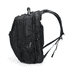 A black Eiger backpack with multiple zippered compartments and a mesh side pocket, featuring an attached handle.