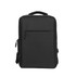 A black backpack featuring a front pocket and a handle, with an adjustable strap and a logo on the side.