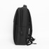 A black backpack with a sleek design, featuring adjustable straps and a side pocket. It has a logo on the front.