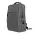 A grey backpack with a front pocket, side pocket, and a branding logo on the side.