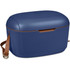 A blue cooler box with a brown strap, featuring a smooth, rounded design and a front handle.
