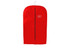 A red non-woven garment bag with a zipper and a clear identification pocket at the front.