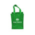 A green tote bag with two handles, featuring a logo on one side, suitable for carrying two bottles.