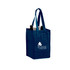A navy non-woven polypropylene tote bag designed to hold four wine bottles, featuring a logo on the side.