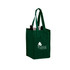 A green non-woven polypropylene tote bag designed to hold four bottles, featuring a logo.