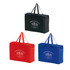 A set of non-woven briefcase totes in black, red, and blue, each featuring a logo. Zipper closure and dual handles are visible.
