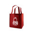 A large red reusable grocery bag with sturdy handles and a logo on the front.