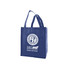 A large navy blue non-woven reusable grocery bag with two handles and a logo.