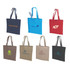 Coloured cotton tote bags in shades of red, blue, brown, and black, featuring various logos on each bag.