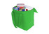 A green cooler bag filled with various food items, including a drink bottle and containers. The bag has handles and a logo.