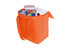 An orange cooler bag filled with various food items, including a drink bottle and snacks. It has sturdy handles and a logo.