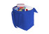 A blue cooler bag filled with various food items, including a container and drinks. It has handled straps and a logo.